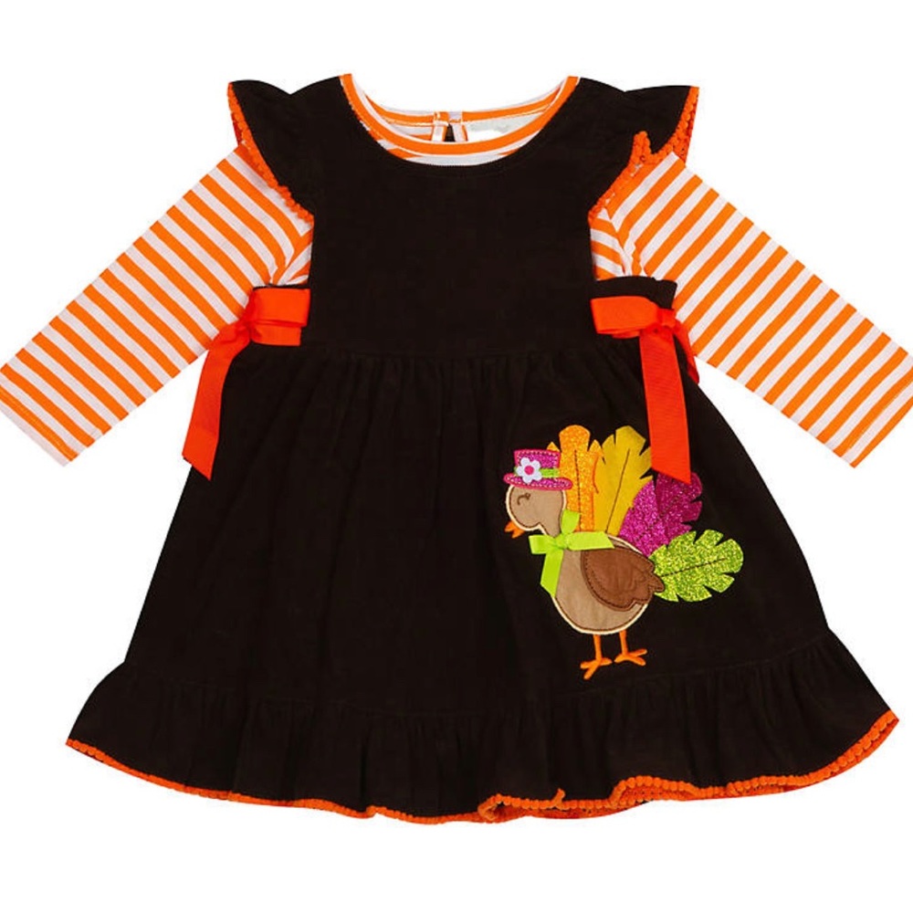 Rare Editions Girls' Thanksgiving Holiday Turkey Applique Corduroy Jumper Dress